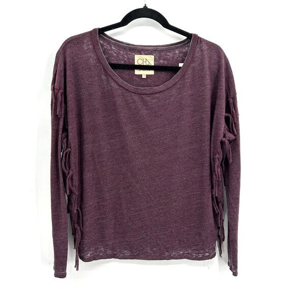 NWT CHASER Sangria Burgundy Open Neck Fringe Side Long Sleeve Boho Top Medium - Picture 1 of 4